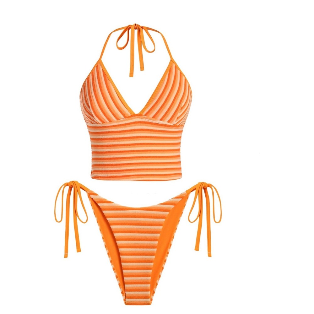 Seamoly Striped Halter String Tie Side Tankini Set  Size Medium Orange